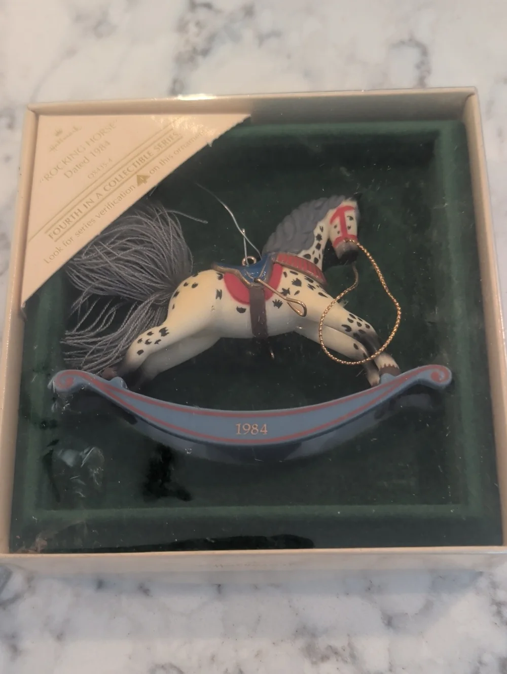 Hallmark Rocking Horse Ornament 1984 - Cream, Gray, Blue, Red